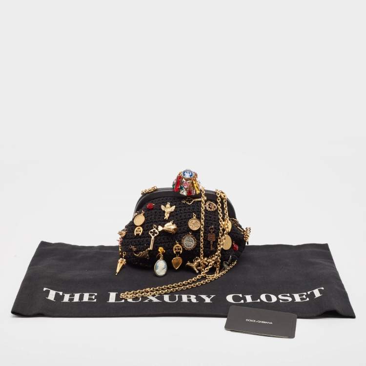 Pre Owned Dolce & Gabbana Black Crochet Embellished Frame Chain Bag