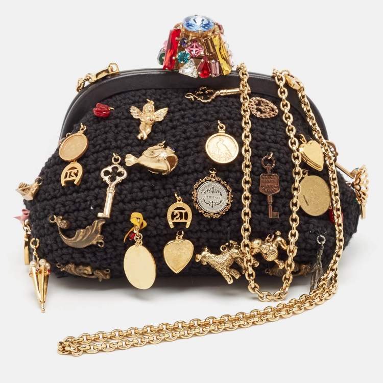 Pre Owned Dolce & Gabbana Black Crochet Embellished Frame Chain Bag