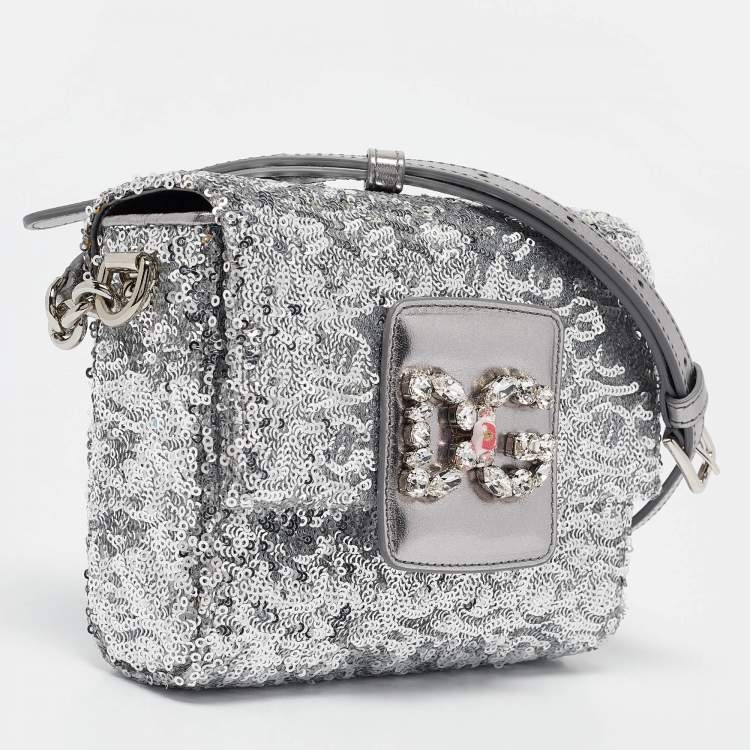Pre Owned Dolce & Gabbana Silver Sequins and Leather DG Millennials Crossbody Bag
