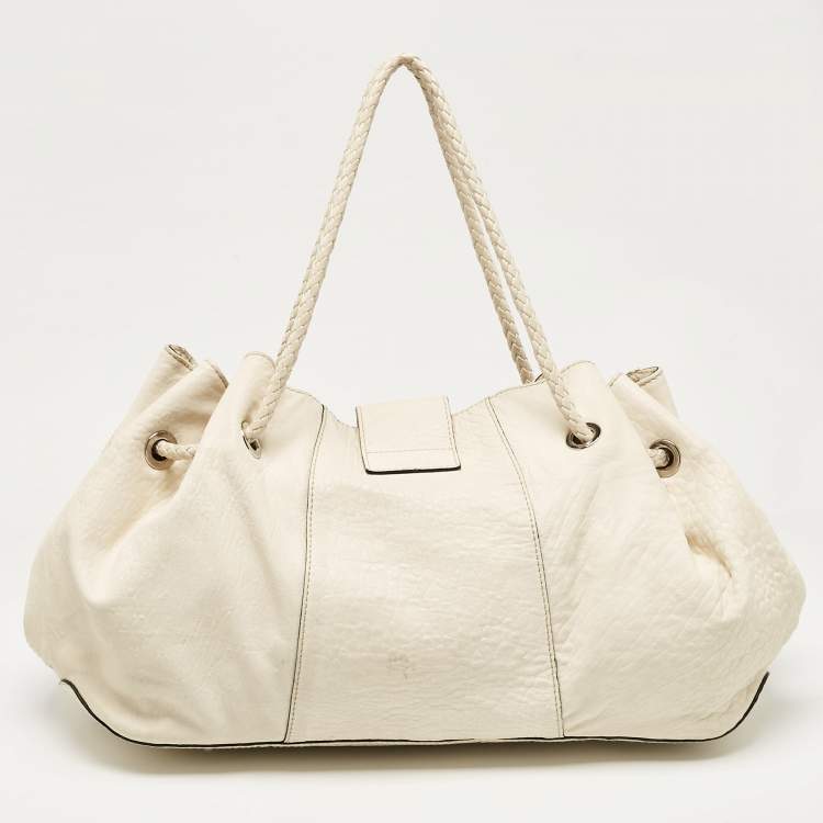 Pre Owned Dolce & Gabbana Off White Leather D Ring Flap Shoulder Bag