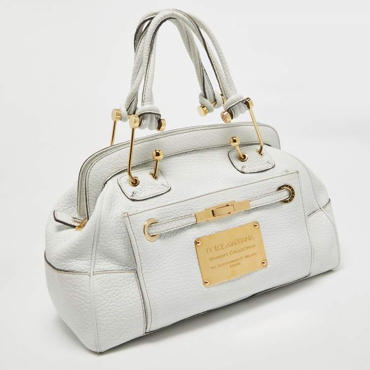 Pre Owned Dolce & Gabbana White Leather Logo Frame Satchel