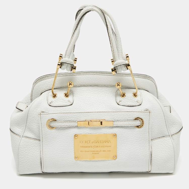 Pre Owned Dolce & Gabbana White Leather Logo Frame Satchel