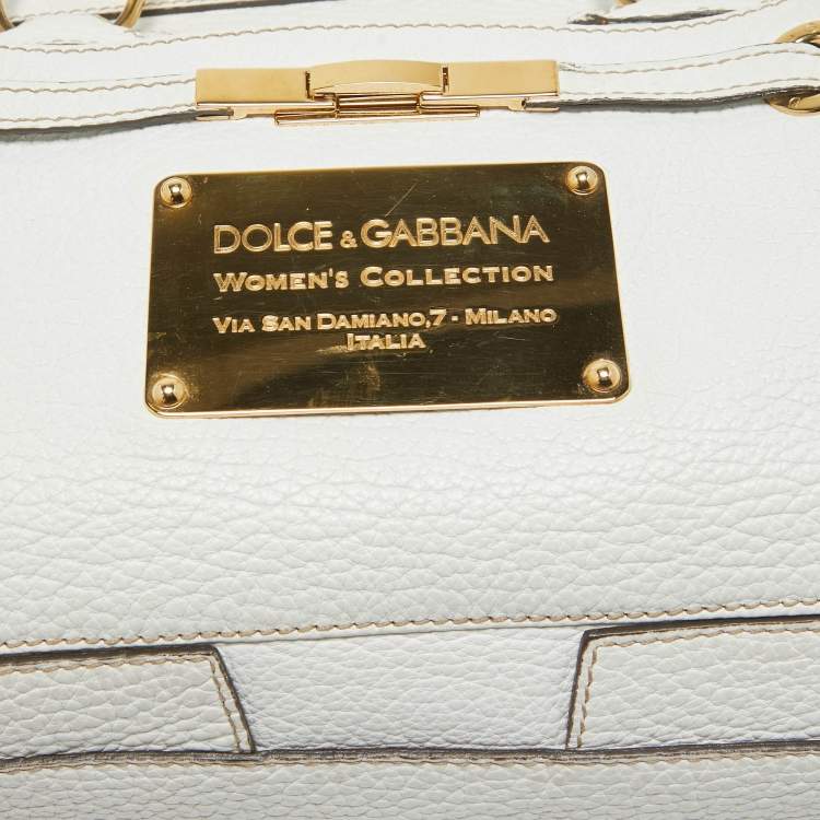 Pre Owned Dolce & Gabbana White Leather Logo Frame Satchel