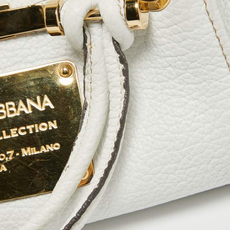 Pre Owned Dolce & Gabbana White Leather Logo Frame Satchel