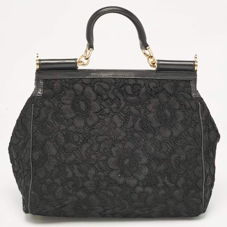 Pre Owned Dolce & Gabbana Black Lace Fabric Large Miss Sicily Top Handle Bag