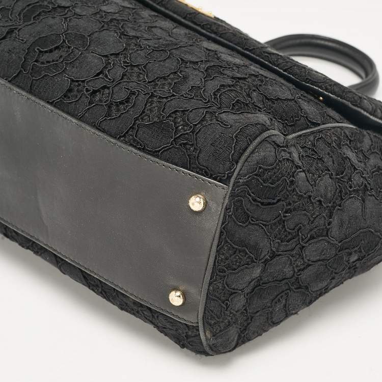 Pre Owned Dolce & Gabbana Black Lace Fabric Large Miss Sicily Top Handle Bag