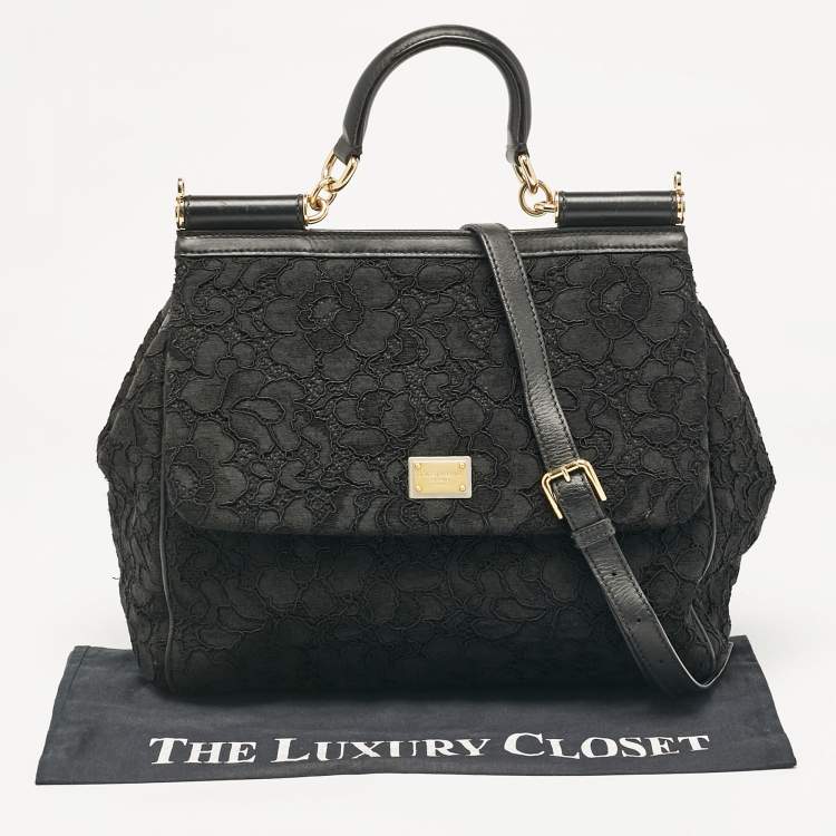 Pre Owned Dolce & Gabbana Black Lace Fabric Large Miss Sicily Top Handle Bag
