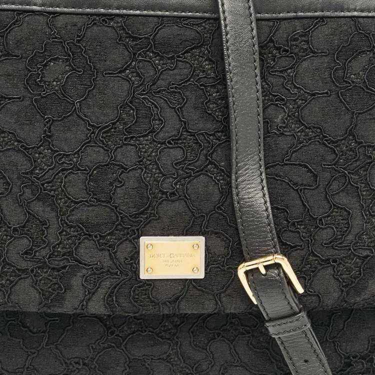 Pre Owned Dolce & Gabbana Black Lace Fabric Large Miss Sicily Top Handle Bag