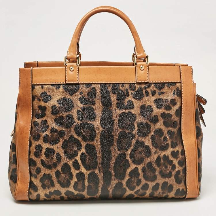 Pre Owned Dolce & Gabbana Brown/Black Leopard Print Coated Canvas and Leather Zip Satchel
