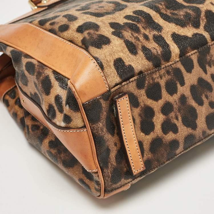 Pre Owned Dolce & Gabbana Brown/Black Leopard Print Coated Canvas and Leather Zip Satchel