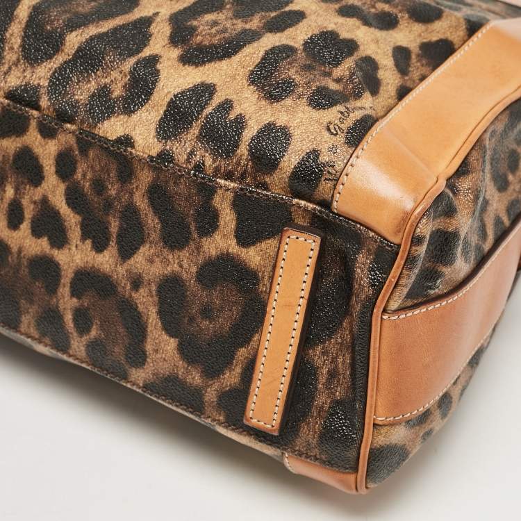 Pre Owned Dolce & Gabbana Brown/Black Leopard Print Coated Canvas and Leather Zip Satchel