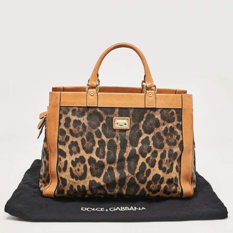 Pre Owned Dolce & Gabbana Brown/Black Leopard Print Coated Canvas and Leather Zip Satchel