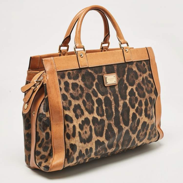 Pre Owned Dolce & Gabbana Brown/Black Leopard Print Coated Canvas and Leather Zip Satchel
