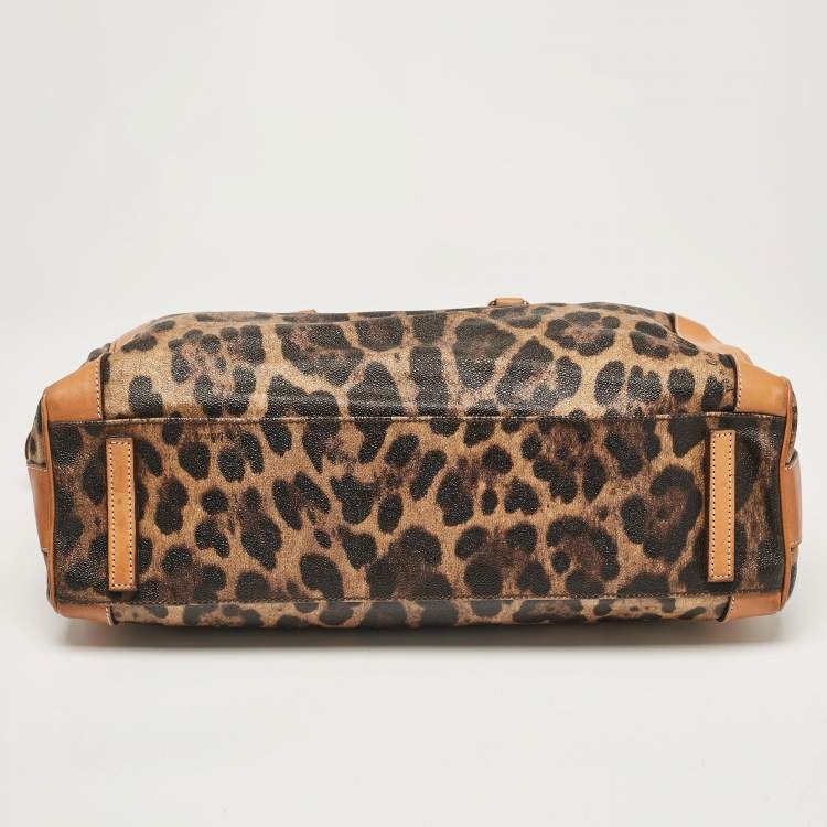 Pre Owned Dolce & Gabbana Brown/Black Leopard Print Coated Canvas and Leather Zip Satchel