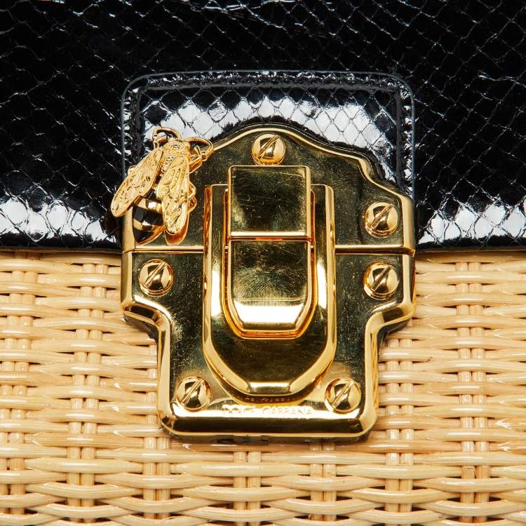Pre Owned Dolce & Gabbana Black/Beige Python and Wicker Lucia Top Handle Bag