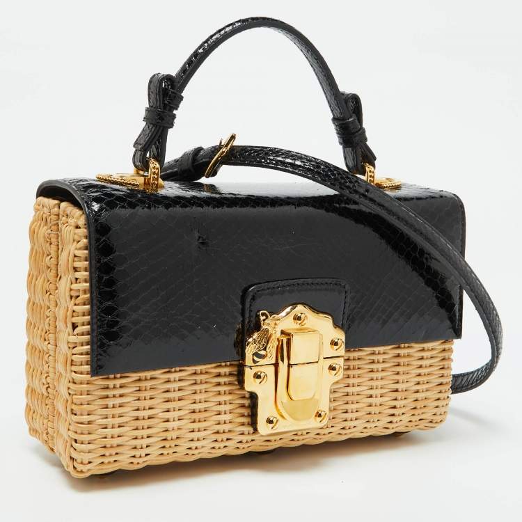 Pre Owned Dolce & Gabbana Black/Beige Python and Wicker Lucia Top Handle Bag