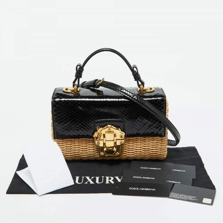 Pre Owned Dolce & Gabbana Black/Beige Python and Wicker Lucia Top Handle Bag