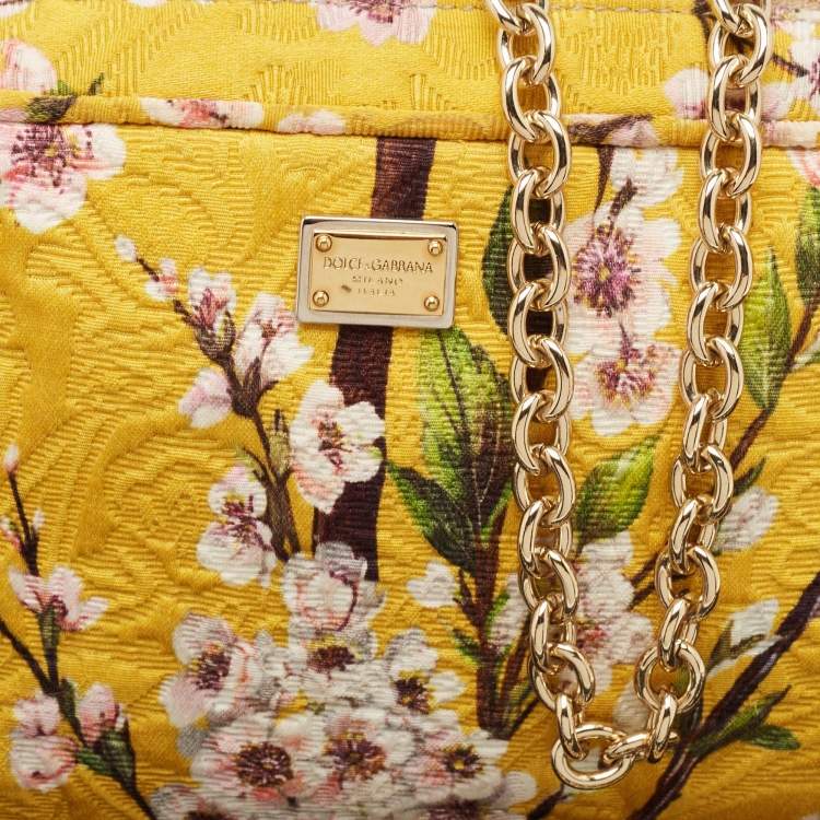 Pre Owned Dolce and Gabbana Yellow Floral Print Canvas Glam Shoulder Bag