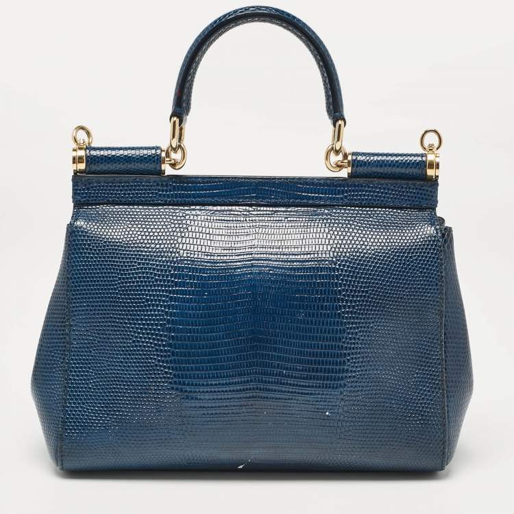 Pre Owned Dolce & Gabbana Blue Lizard Embossed Leather Small Miss Sicily Top Handle Bag