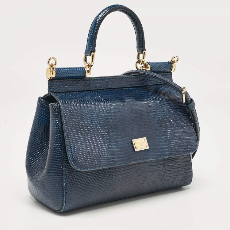 Pre Owned Dolce & Gabbana Blue Lizard Embossed Leather Small Miss Sicily Top Handle Bag