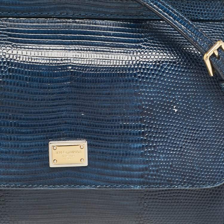 Pre Owned Dolce & Gabbana Blue Lizard Embossed Leather Small Miss Sicily Top Handle Bag
