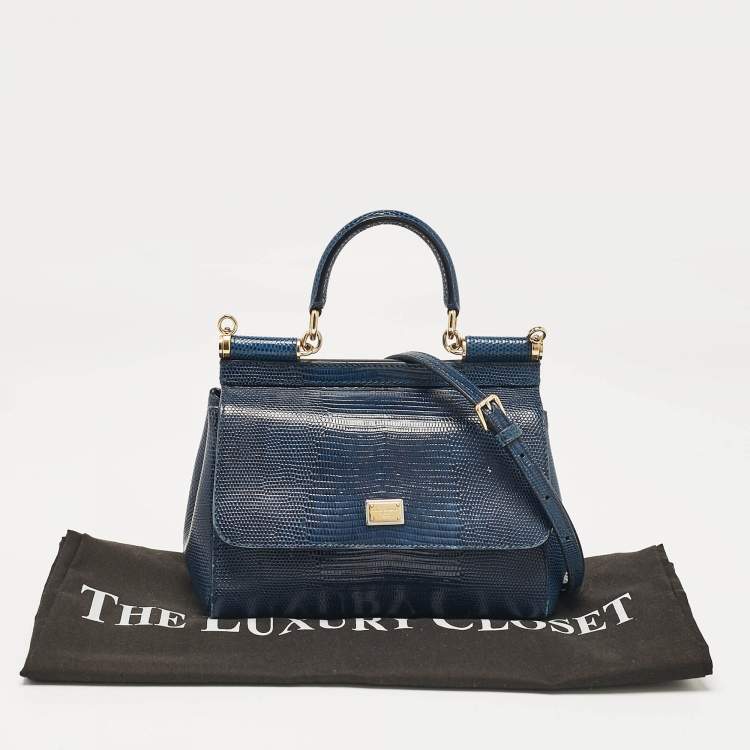 Pre Owned Dolce & Gabbana Blue Lizard Embossed Leather Small Miss Sicily Top Handle Bag