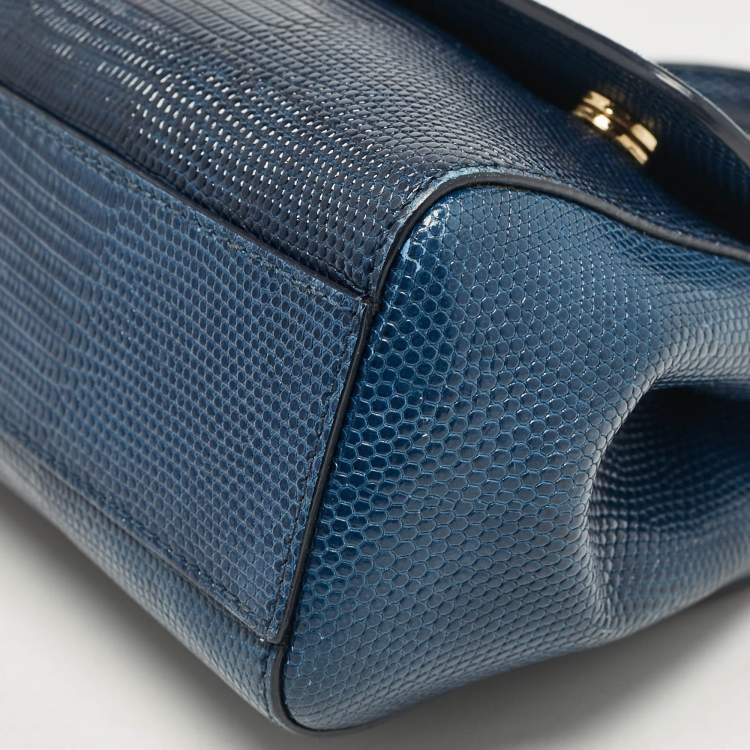 Pre Owned Dolce & Gabbana Blue Lizard Embossed Leather Small Miss Sicily Top Handle Bag