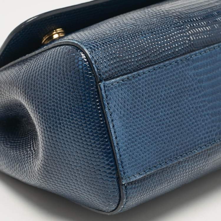 Pre Owned Dolce & Gabbana Blue Lizard Embossed Leather Small Miss Sicily Top Handle Bag