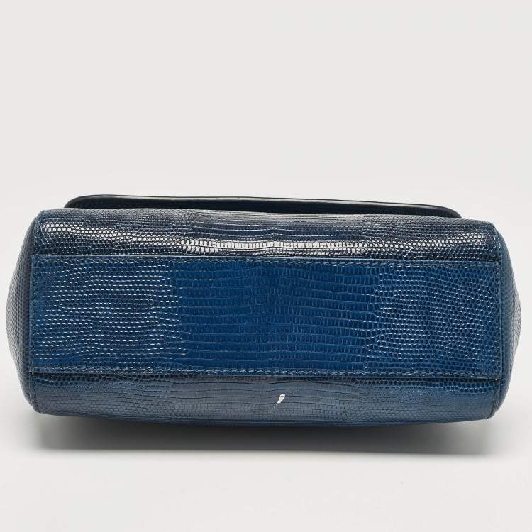 Pre Owned Dolce & Gabbana Blue Lizard Embossed Leather Small Miss Sicily Top Handle Bag