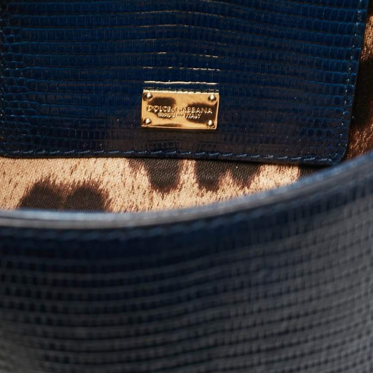 Pre Owned Dolce & Gabbana Blue Lizard Embossed Leather Small Miss Sicily Top Handle Bag
