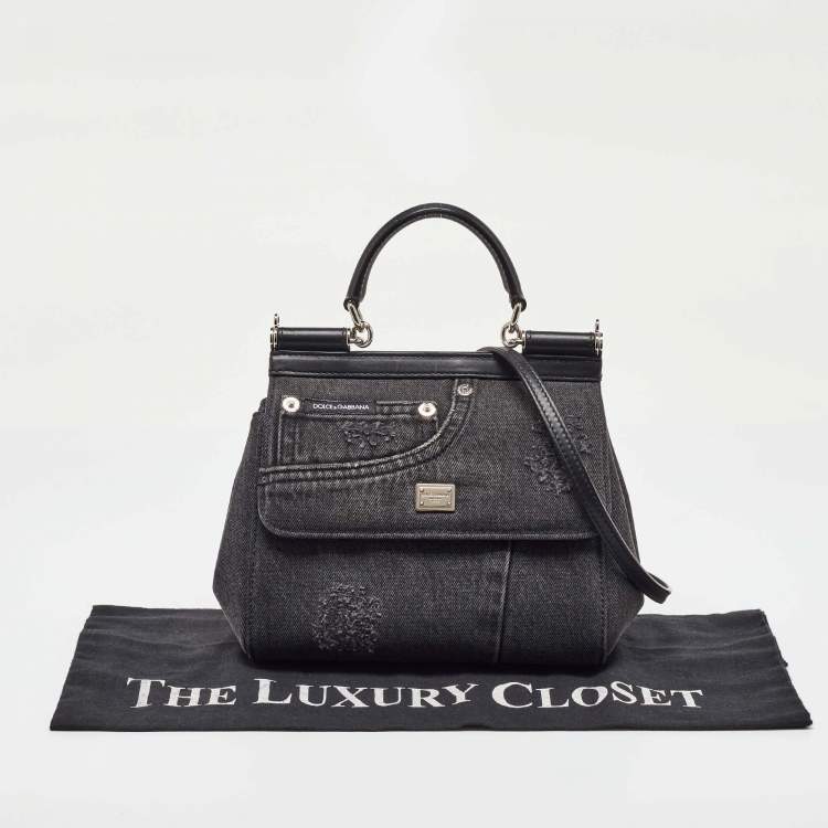 Pre Owned Dolce & Gabbana Black Patchwork Distressed Denim Medium Sicily Top Handle Bag