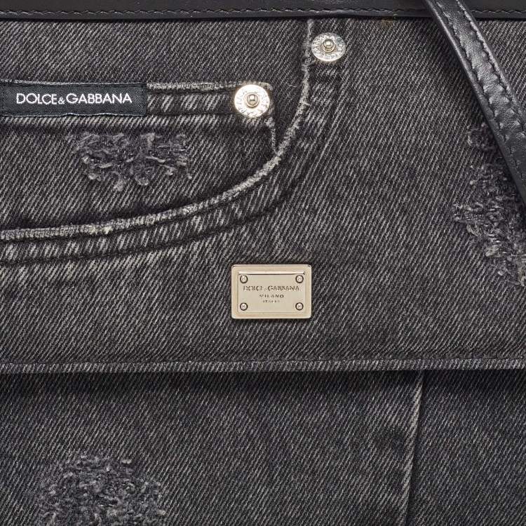 Pre Owned Dolce & Gabbana Black Patchwork Distressed Denim Medium Sicily Top Handle Bag