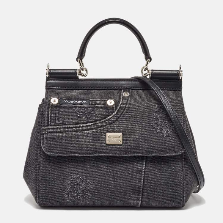 Pre Owned Dolce & Gabbana Black Patchwork Distressed Denim Medium Sicily Top Handle Bag