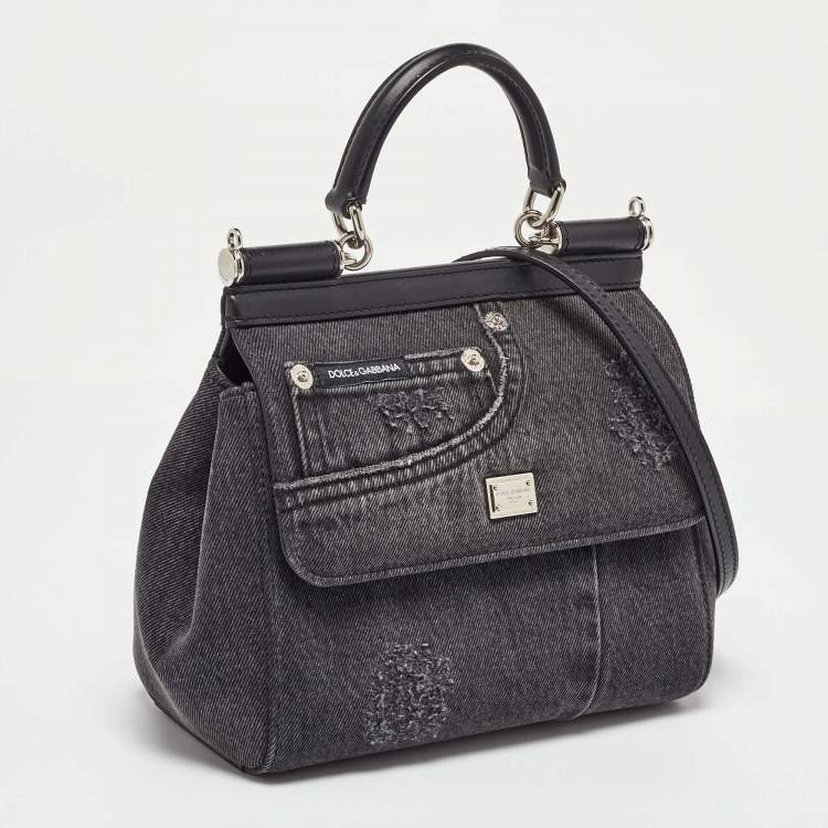 Pre Owned Dolce & Gabbana Black Patchwork Distressed Denim Medium Sicily Top Handle Bag