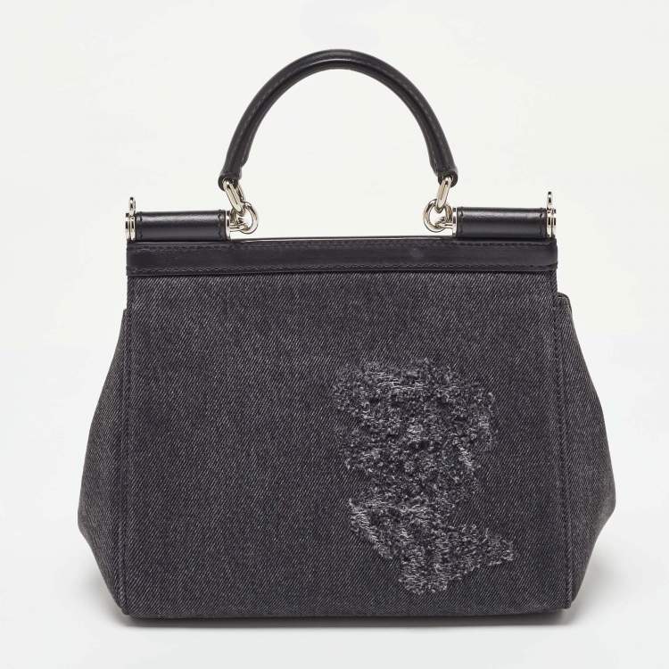 Pre Owned Dolce & Gabbana Black Patchwork Distressed Denim Medium Sicily Top Handle Bag
