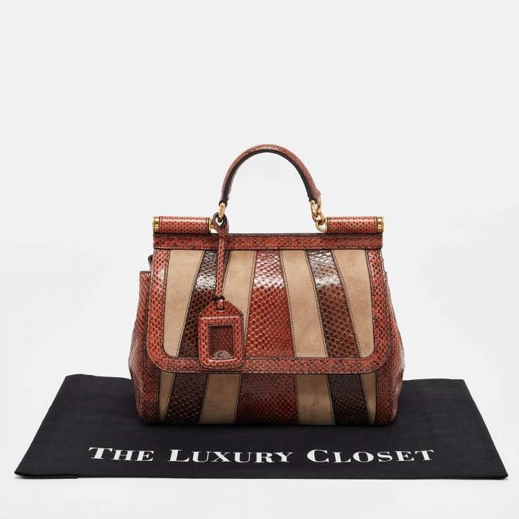 Pre Owned Dolce & Gabbana Multicolor Suede and Python Stripe Miss Sicily Top Handle Bag