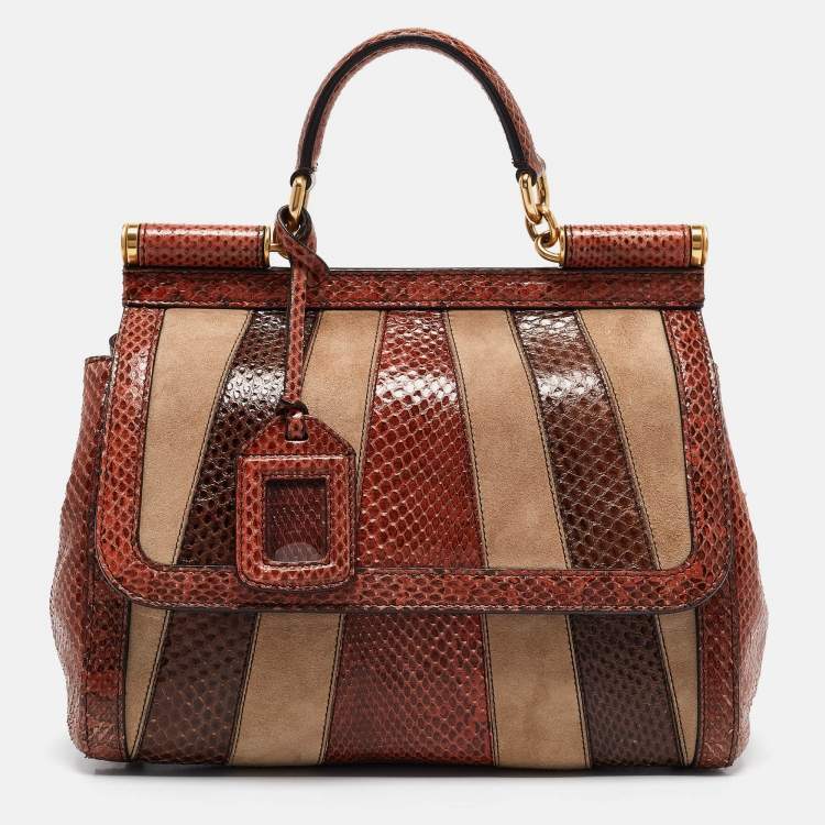 Pre Owned Dolce & Gabbana Multicolor Suede and Python Stripe Miss Sicily Top Handle Bag