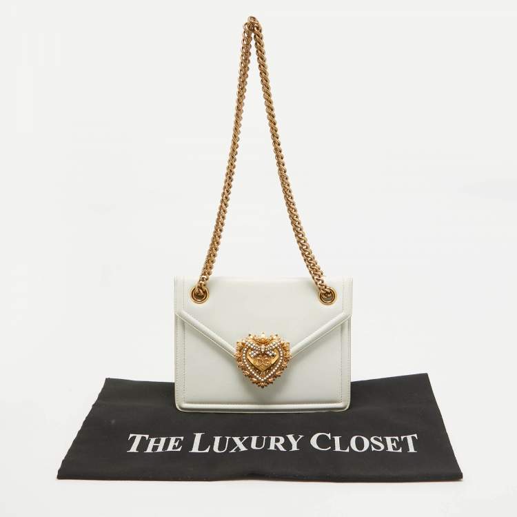 Pre Owned Dolce & Gabbana White Leather Devotion Chain Shoulder Bag