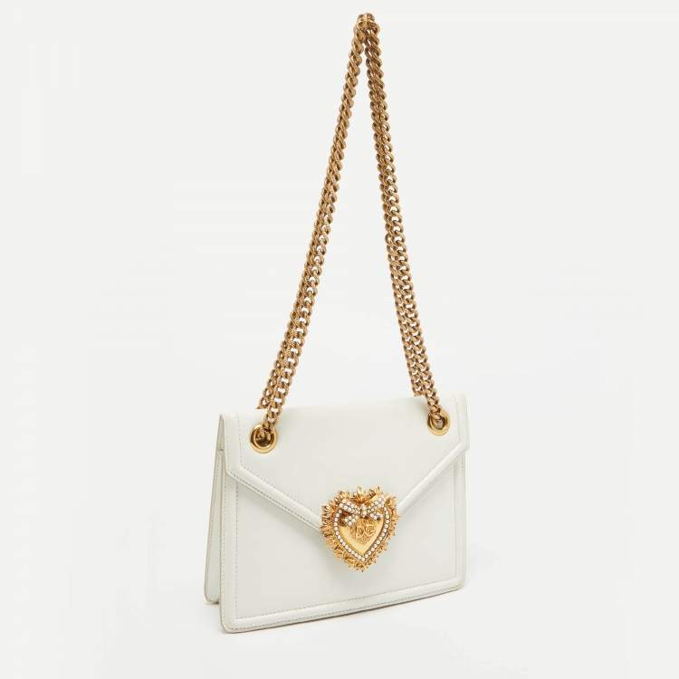Pre Owned Dolce & Gabbana White Leather Devotion Chain Shoulder Bag