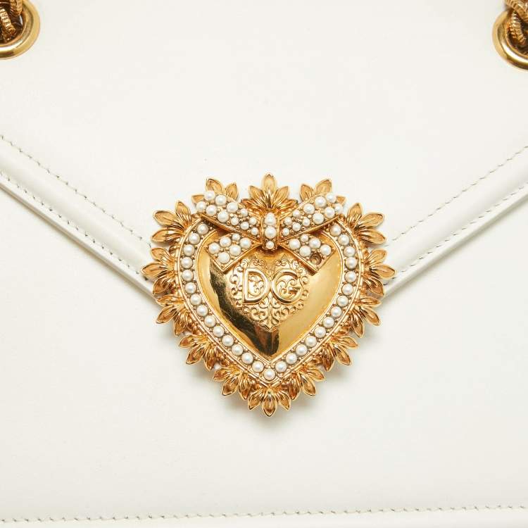 Pre Owned Dolce & Gabbana White Leather Devotion Chain Shoulder Bag