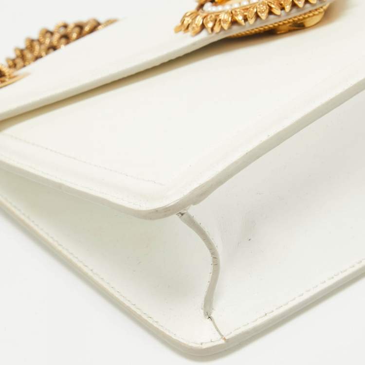 Pre Owned Dolce & Gabbana White Leather Devotion Chain Shoulder Bag