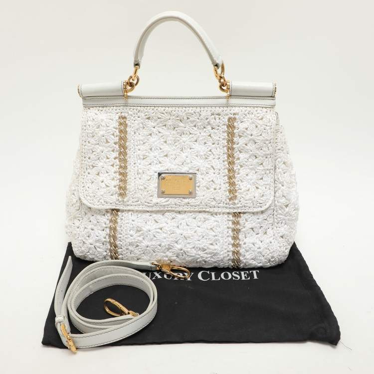 Pre Owned Dolce & Gabbana White Crochet Straw and Leather Large Miss Sicily Top Handle Bag 