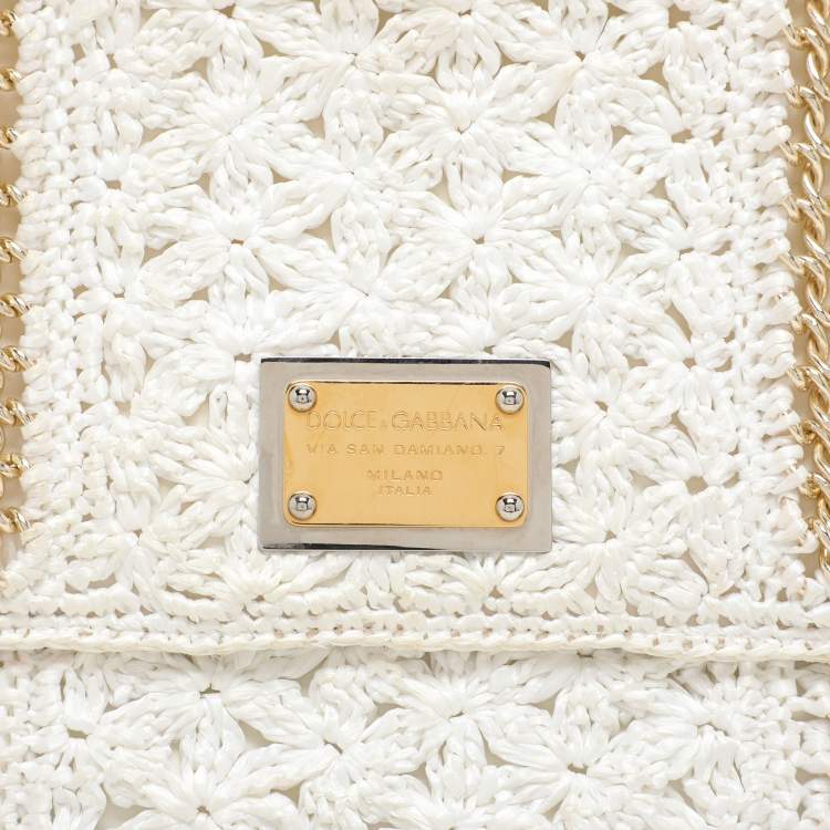 Pre Owned Dolce & Gabbana White Crochet Straw and Leather Large Miss Sicily Top Handle Bag 