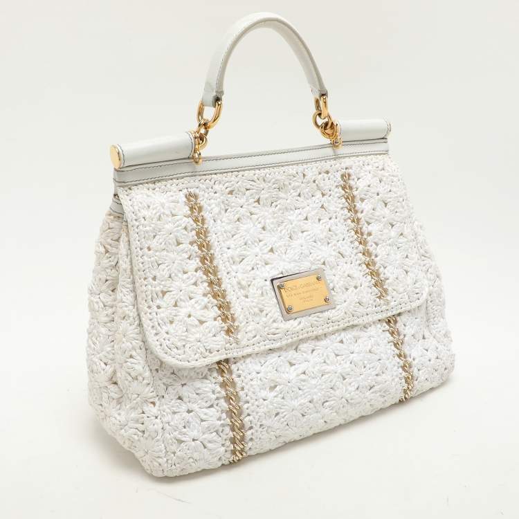 Pre Owned Dolce & Gabbana White Crochet Straw and Leather Large Miss Sicily Top Handle Bag 