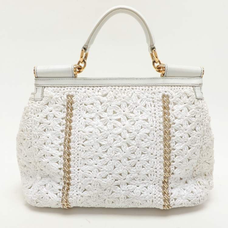 Pre Owned Dolce & Gabbana White Crochet Straw and Leather Large Miss Sicily Top Handle Bag 