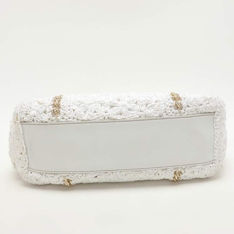 Pre Owned Dolce & Gabbana White Crochet Straw and Leather Large Miss Sicily Top Handle Bag 