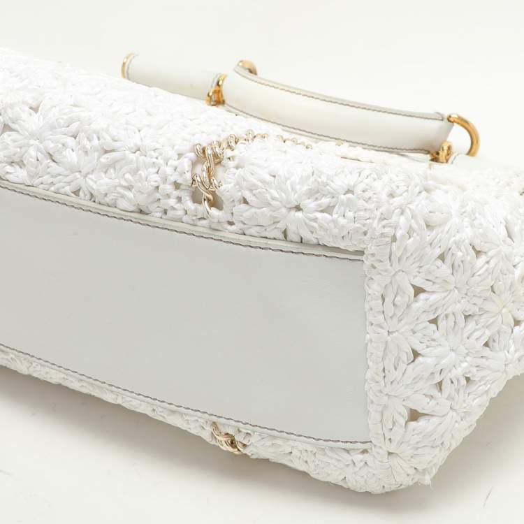 Pre Owned Dolce & Gabbana White Crochet Straw and Leather Large Miss Sicily Top Handle Bag 