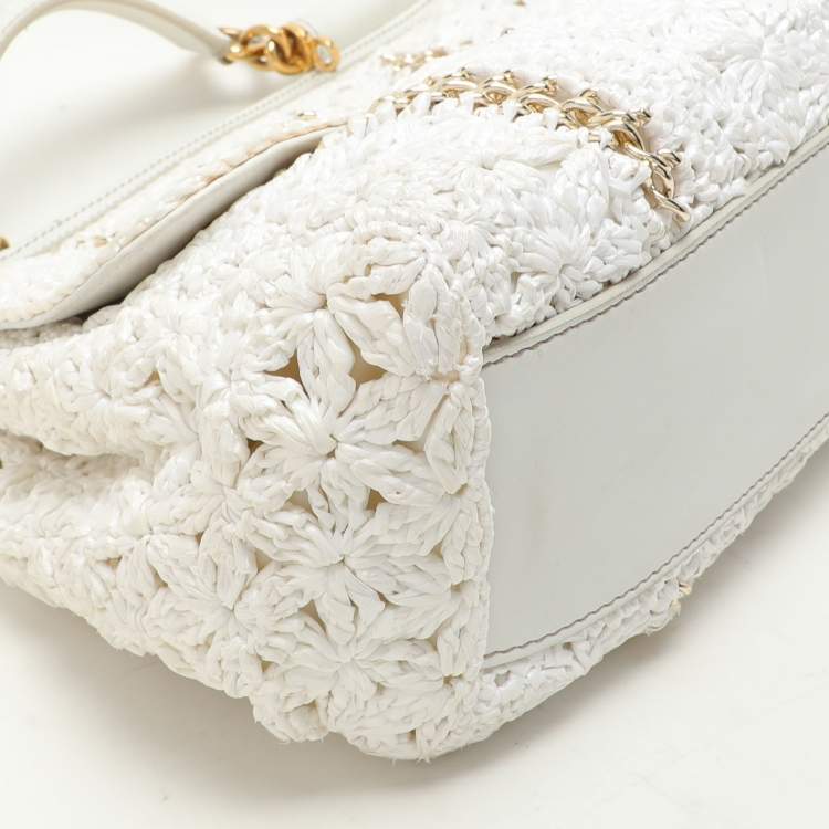 Pre Owned Dolce & Gabbana White Crochet Straw and Leather Large Miss Sicily Top Handle Bag 
