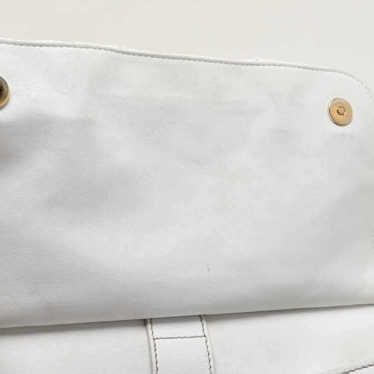 Pre Owned Dolce & Gabbana White Crochet Straw and Leather Large Miss Sicily Top Handle Bag 