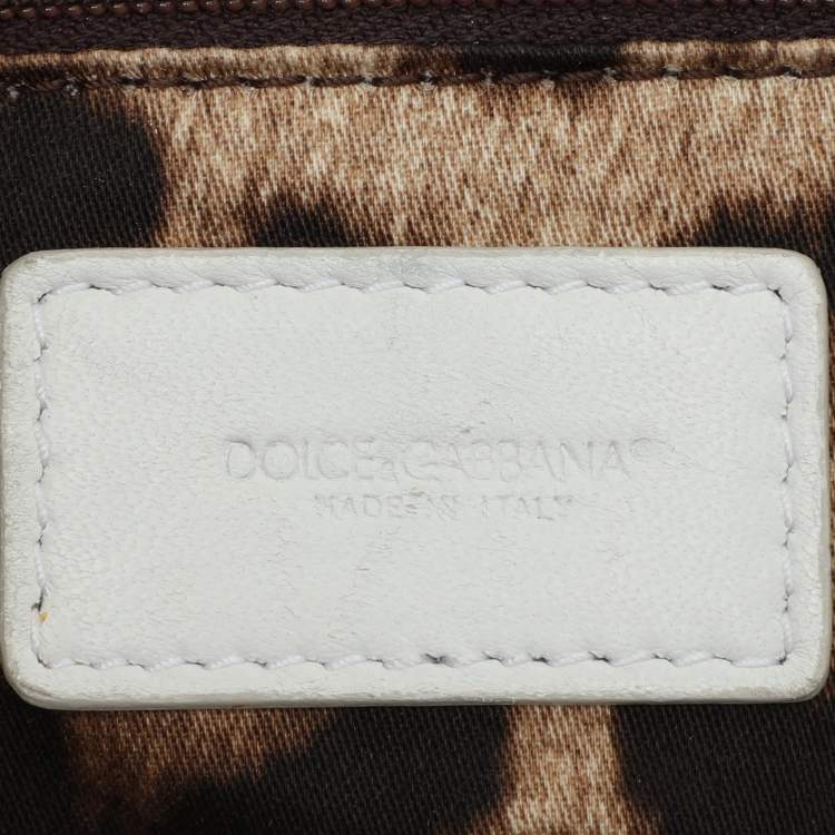 Pre Owned Dolce & Gabbana White Crochet Straw and Leather Large Miss Sicily Top Handle Bag 